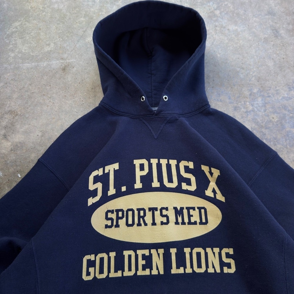 Vintage Y2K Russell Athletic St Pius X Hoodie Faded Navy College XL (D12)